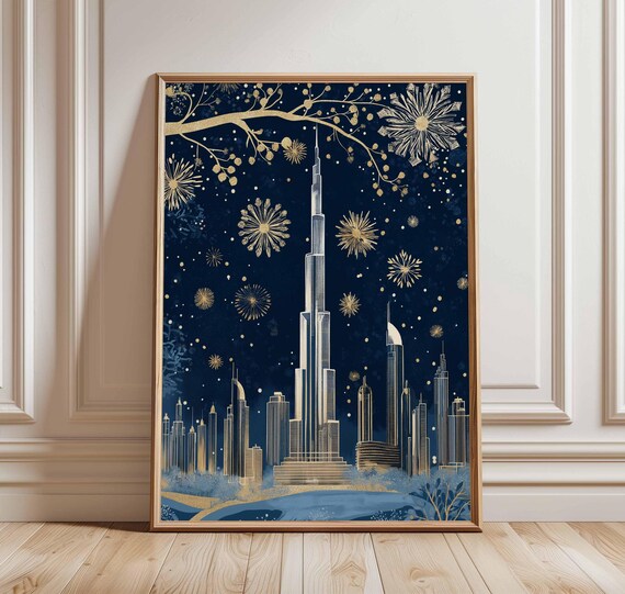 Dubai Skyline Burj Khalifa Night Fireworks Gold Navy City Art Poster