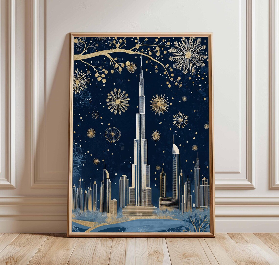 Dubai Skyline Burj Khalifa Night Fireworks Gold Navy City Art Poster