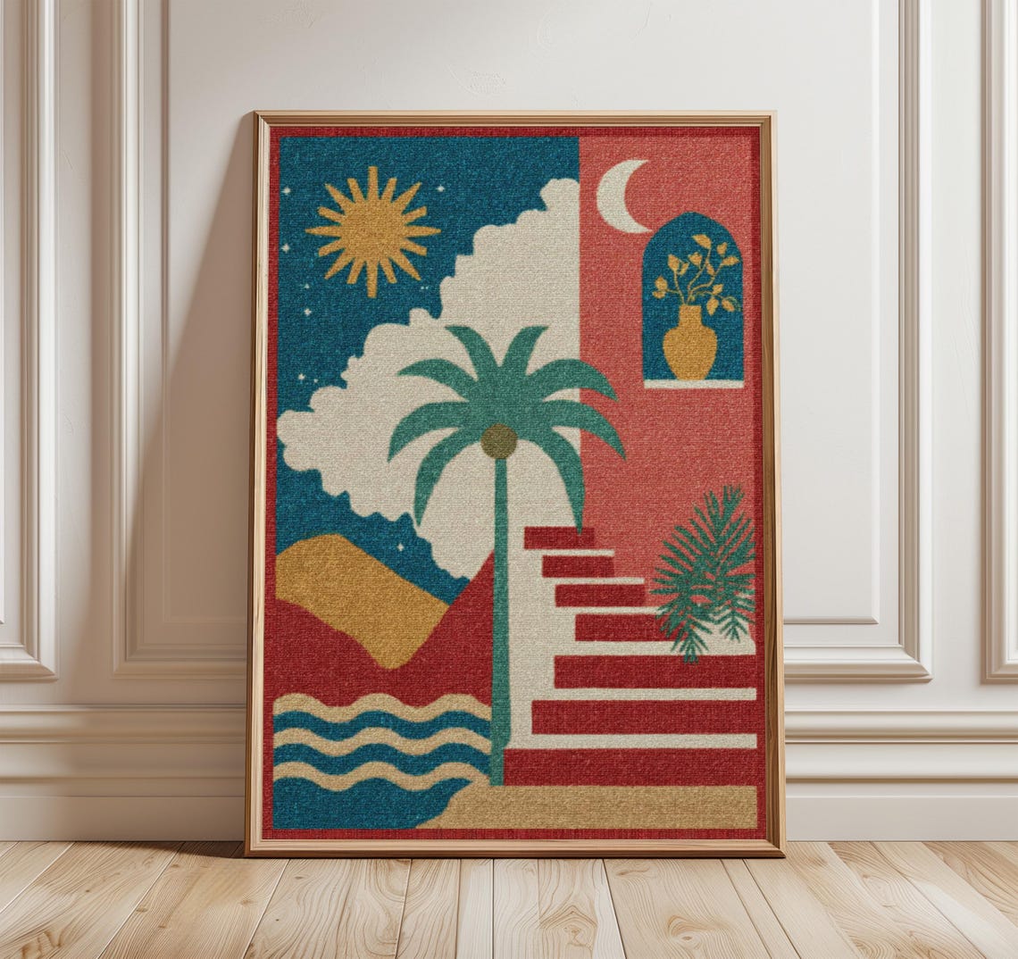 Mediterranean Wall Art Geometric Retro Poster Palm Tree And Stairs Print Modern Boho Decor Colorful Abstract Home Artwork