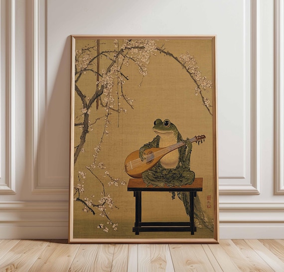 Elegant Frog Musician Japanese Vintage Cherry Blossom Art Poster