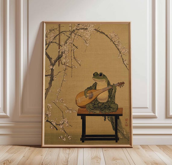 Elegant Frog Musician Poster Japanese Vintage Art Print Cherry Blossom Animal Wall Decor Whimsical Nature Lute Artwork