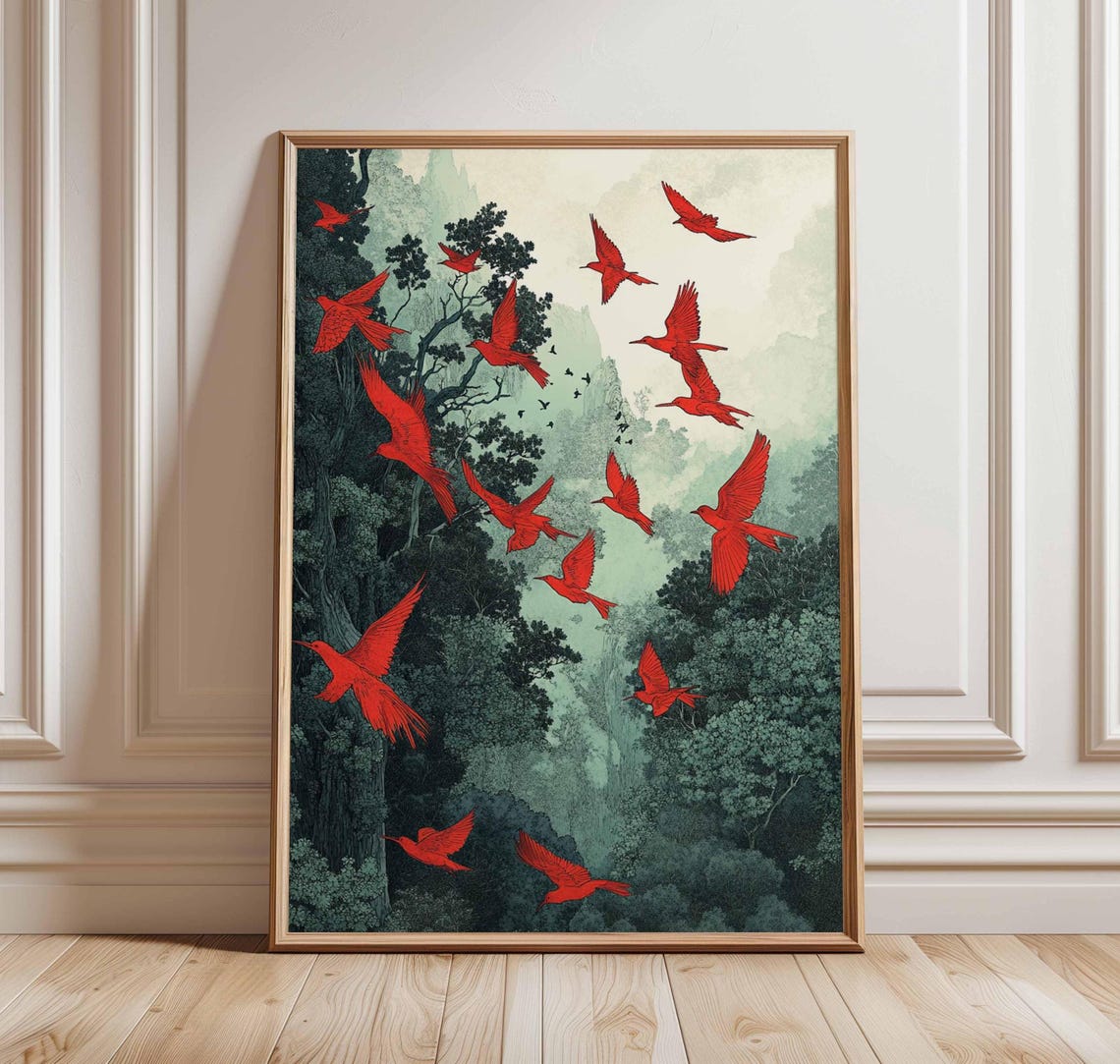 Red Birds In Flight Over A Misty Green Forest Botanical Nature Poster