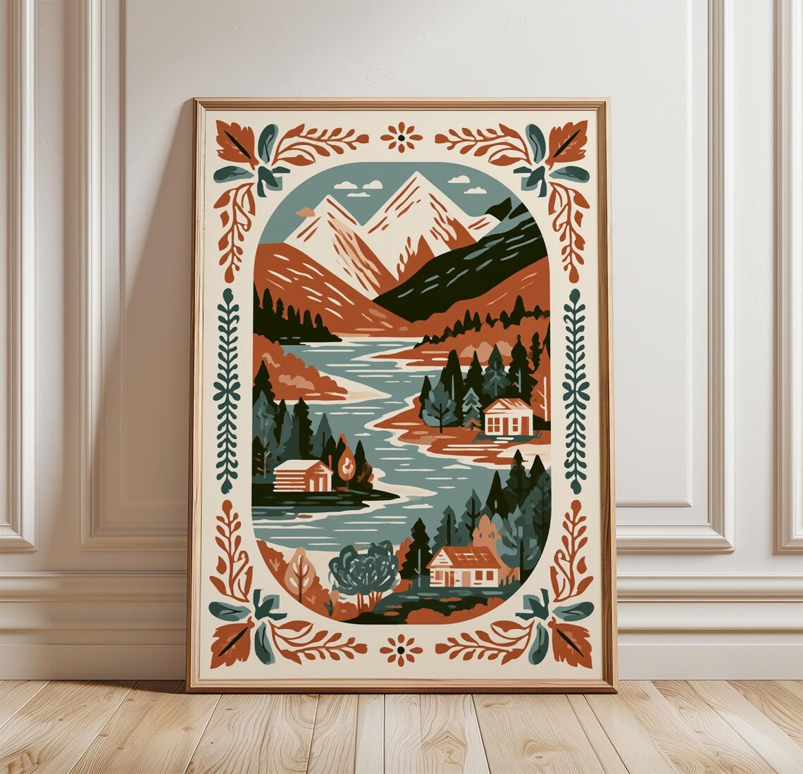 Mountain Landscape Folk Art Poster, Rustic Nature