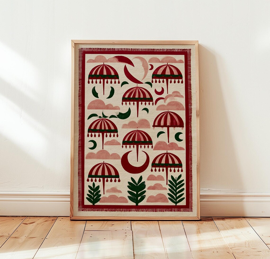 Pink Umbrella Whimsical Folk Art Poster