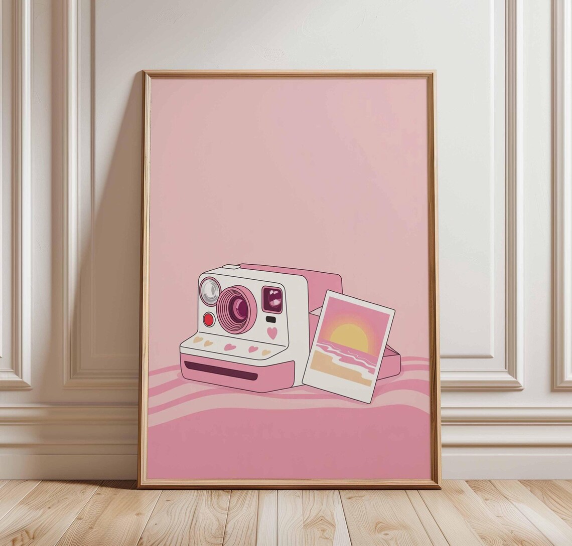Pink Instant Camera With Sunset Beach Photo Cute Retro Style Poster