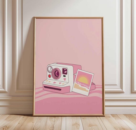 Polaroid Camera Poster Pink Wall Art Cute Photography Print Retro Instant Photo Decor Girly Sunset Illustration