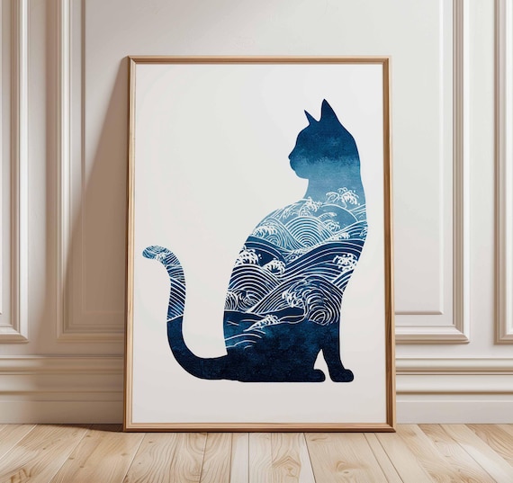 Cat And Waves Poster Japanese Inspired Wall Art Blue Ocean Silhouette Print Modern Animal Artwork Zen Coastal Home Decor