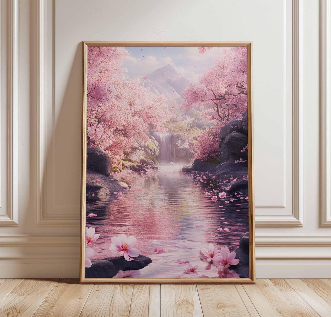 Cherry Blossom Waterfall Pink Sakura River Garden Spring Poster