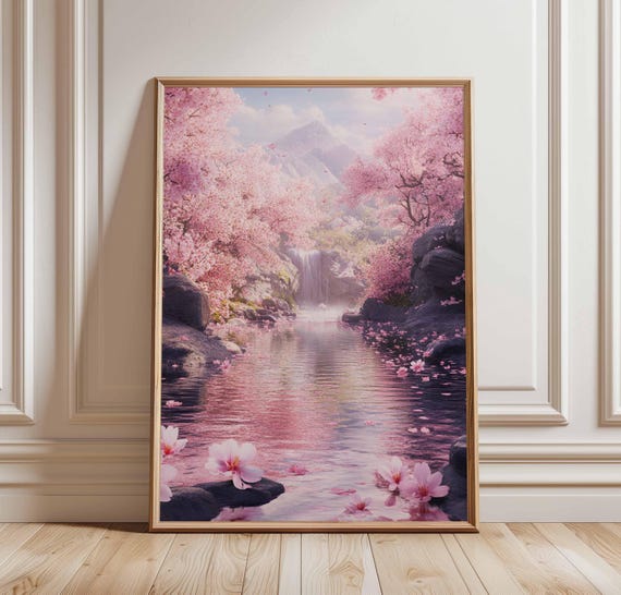Cherry Blossom Waterfall Poster Pink Floral Landscape Art Japanese Inspired Nature Decor Tranquil Water Garden Wall Print
