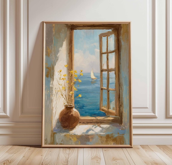 Coastal Window View Sailboat Mediterranean Painting Art Poster