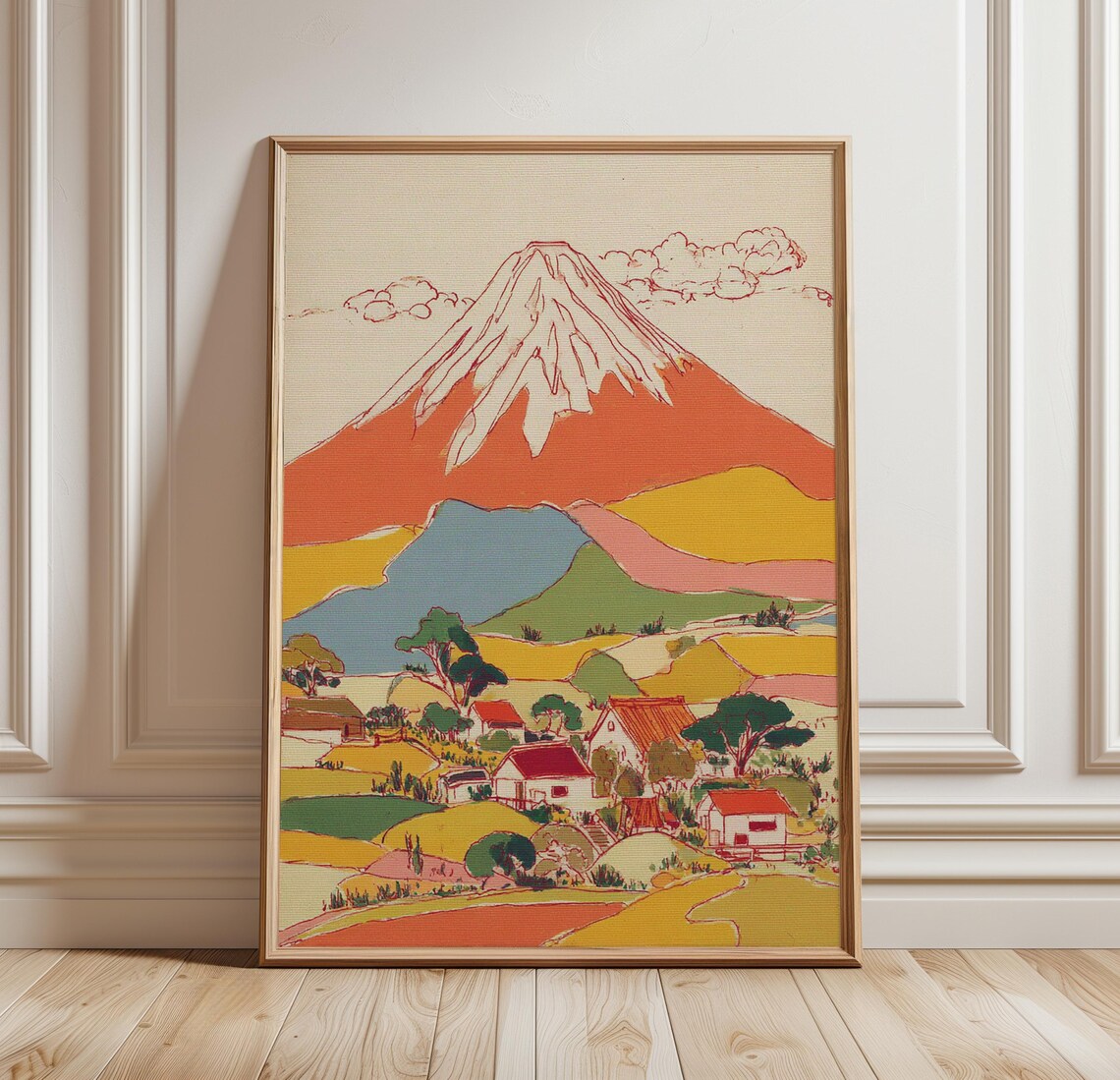 Mount Fuji Landscape Wall Art Poster Japanese Mountain Village Print Colorful Nature Decor For Living Room Bedroom Woodblock Style