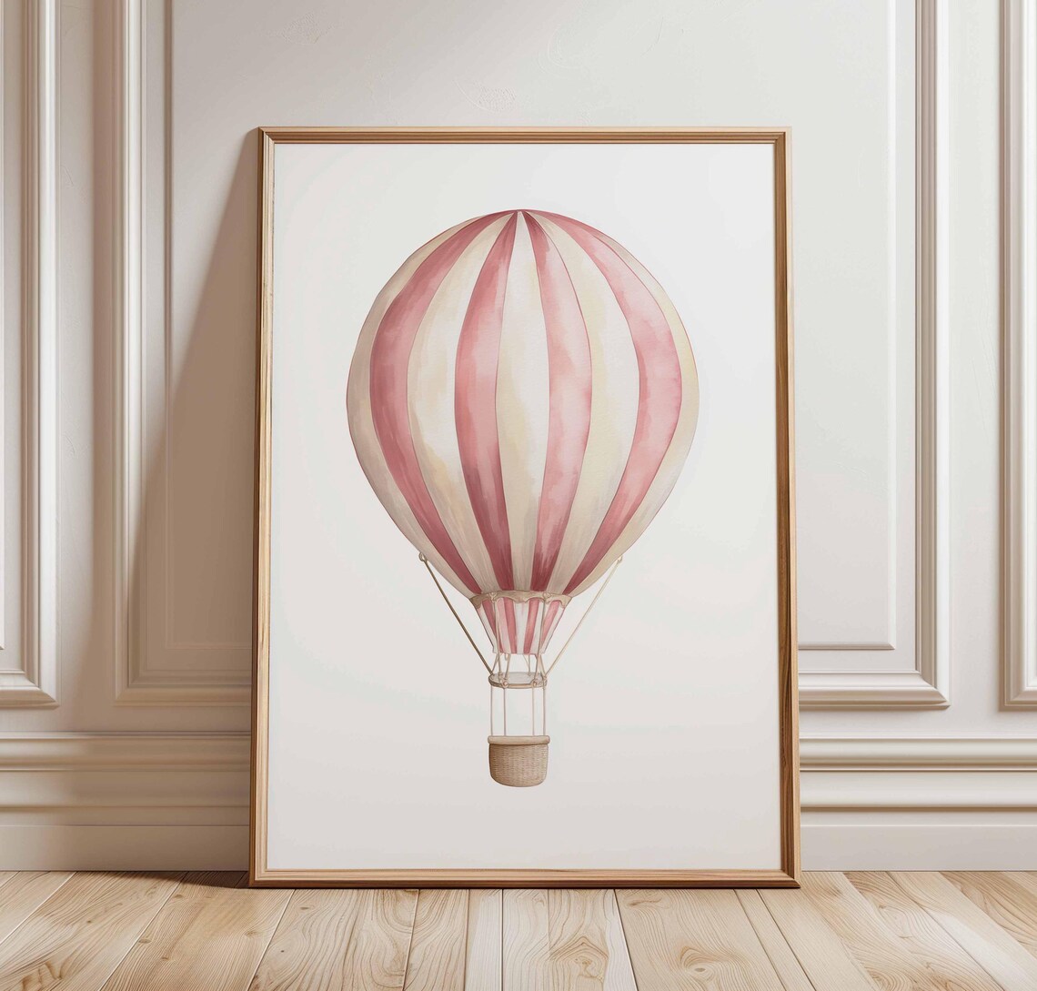 Blush Pink Striped Hot Air Balloon Watercolor Nursery Wall Art