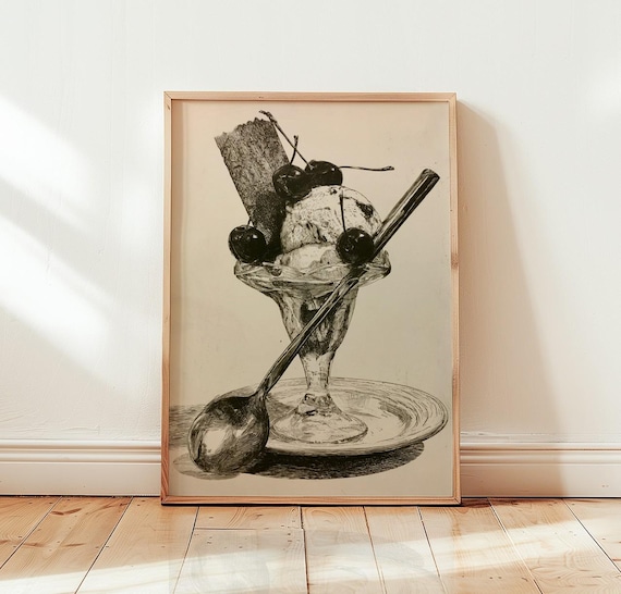 Ice Cream Sundae Etching, Vintage Dessert Drawing