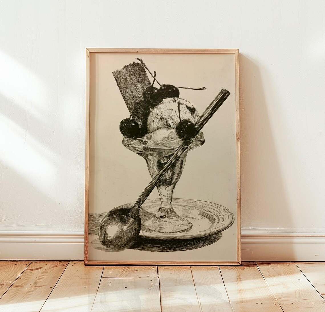 Ice Cream Sundae Etching, Vintage Dessert Drawing