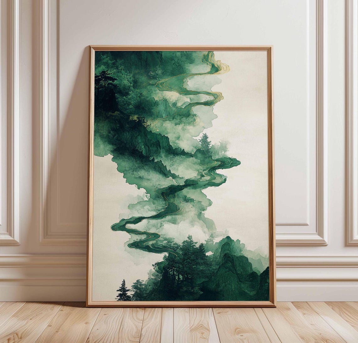 Emerald Misty Mountain River Abstract Green Ink Landscape Poster