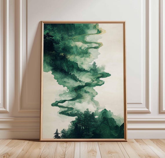 Abstract Green Landscape Art Print Mountain Mist Poster Nature Pathway Wall Tranquil Forest Scene Modern Decor