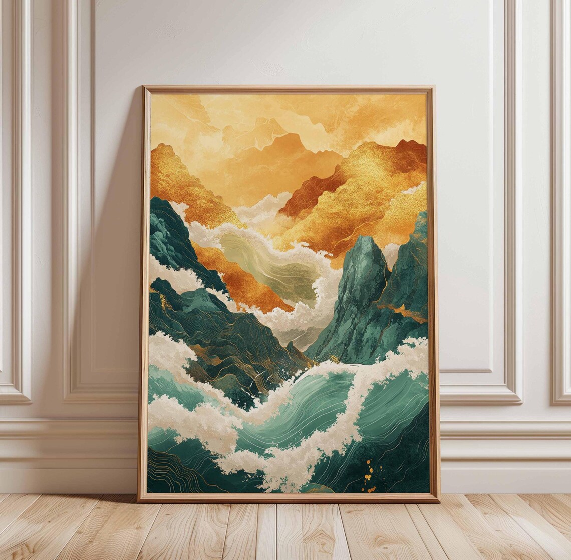 Golden Mountains Over Teal Ocean Waves Japanese Style Art Poster
