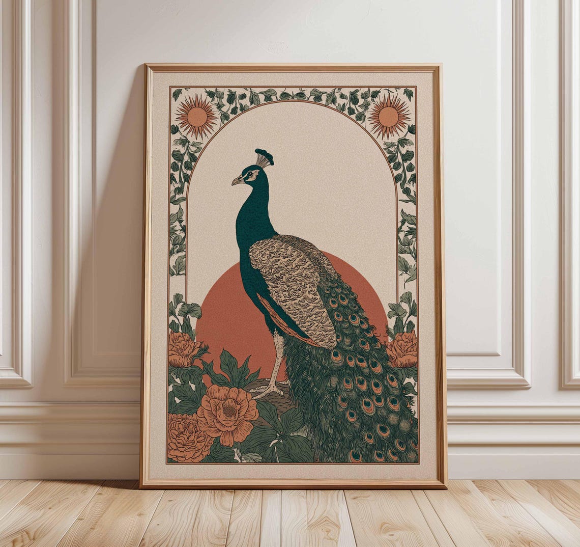 Peacock Elegant Vintage Botanical Floral Arch Red Sun Bird Poster