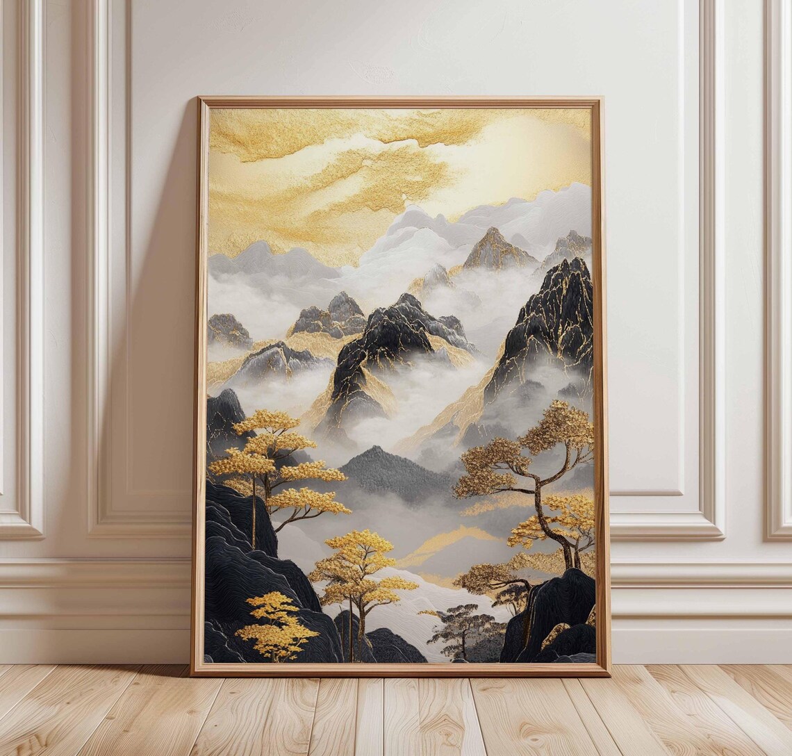 Golden Mountain Autumn Trees Poster Asian Gold Leaf Nature Art