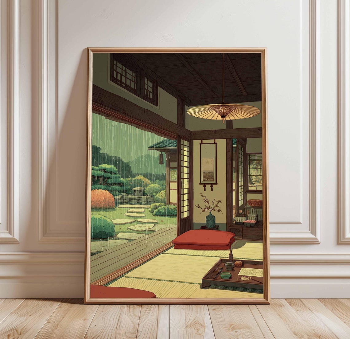 Traditional Japanese Tea Room Rainy Garden Zen Interior Wall Art