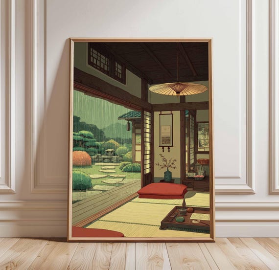Japanese Tea Room Poster Traditional Zen Interior Print Rainy Garden View Wall Art Tatami Decor Asian Tranquility Scene