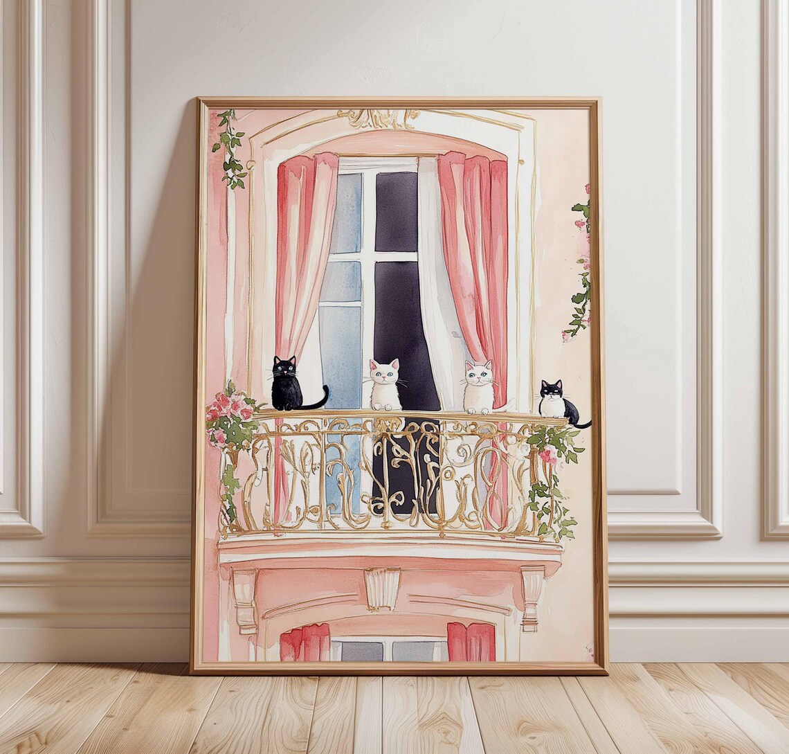 Four Cats On Golden Balcony Railing Parisian Pink Window Poster