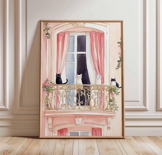 Paris Balcony Cat Print French Window Illustration Wall Art Pink Curtain Romantic Decor Whimsical Poster For Lovers Fans