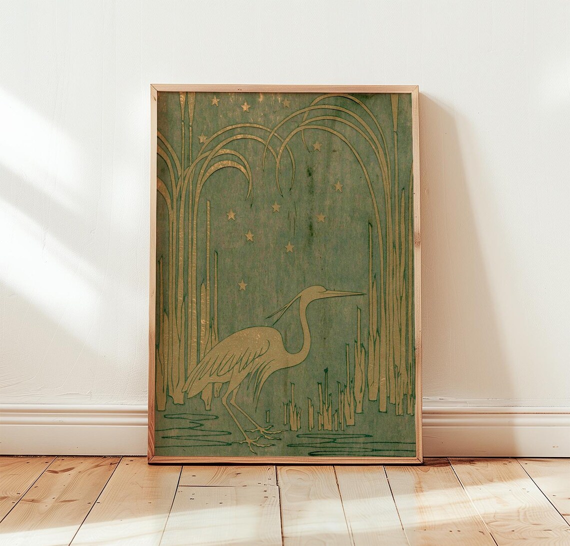Sage Heron Gold Botanical Woodblock Poster