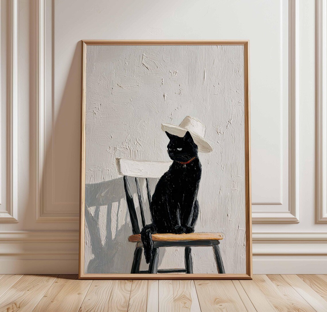 Black Cat In White Cowboy Hat On Wooden Chair Minimal Poster