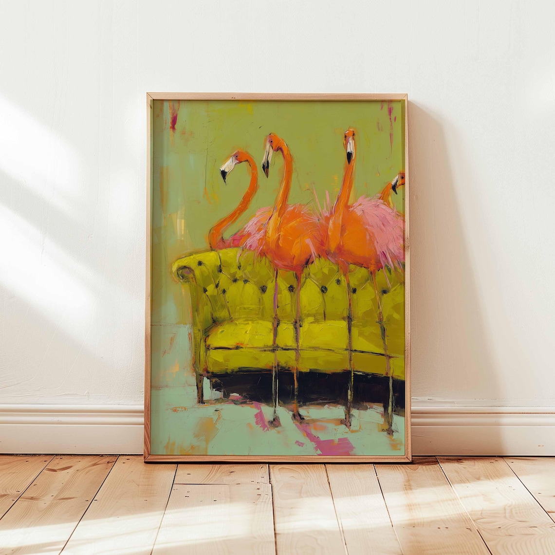 Funny Flamingo Couch Art Print, Quirky Tropical Bird