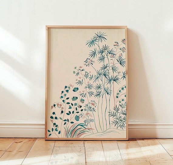 Botanical Illustration Poster Elegant Tall Stems Teal Ink Floral Artwork