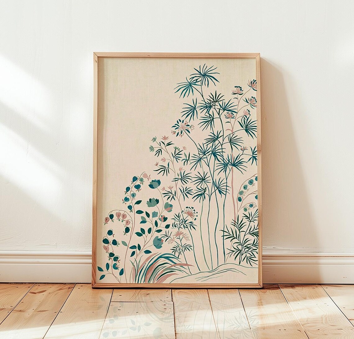 Botanical Illustration Poster Elegant Tall Stems Teal Ink Floral Artwork