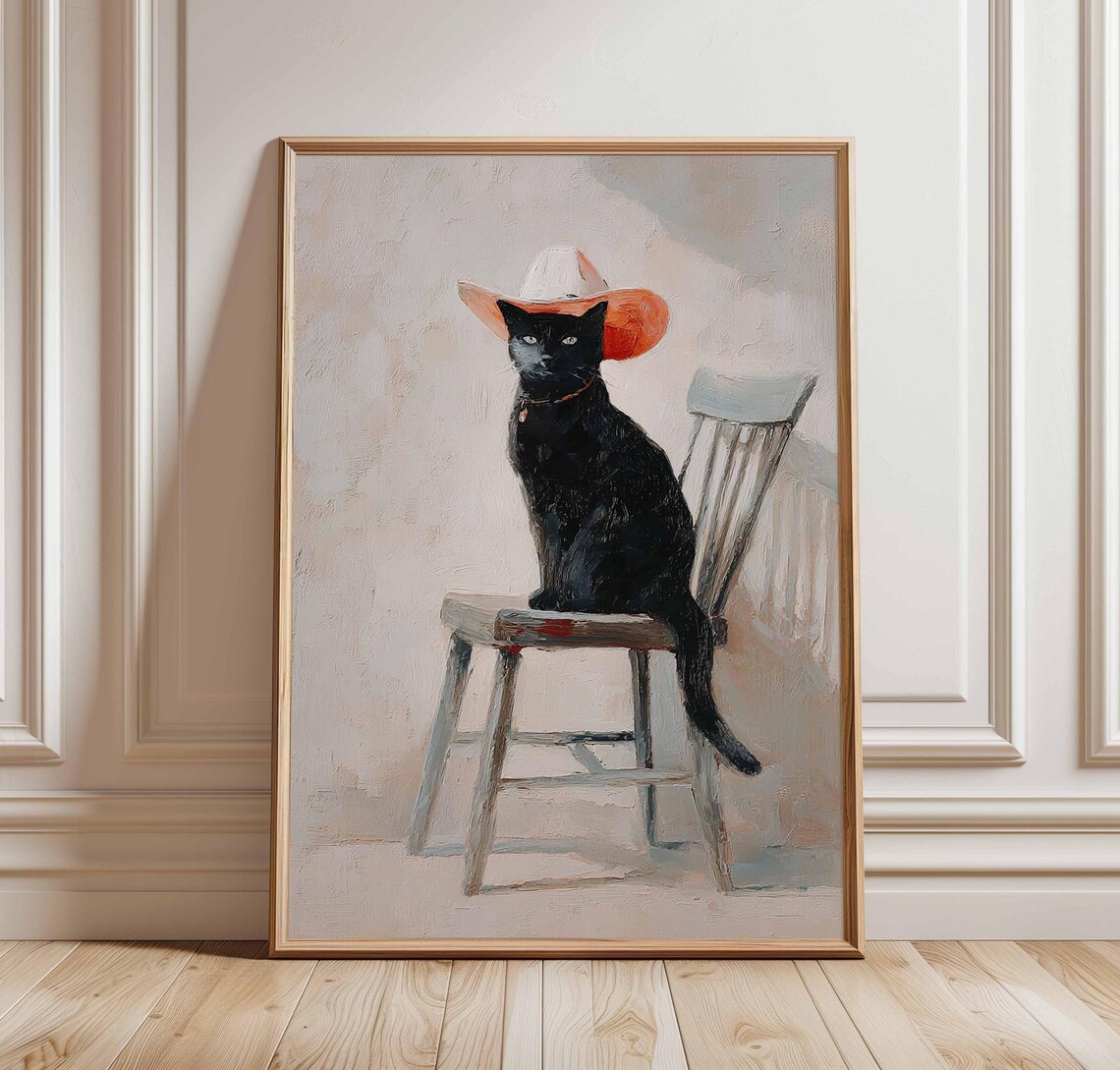 Black Cowboy Cat In Orange Hat Sitting On Rustic Wooden Chair Poster