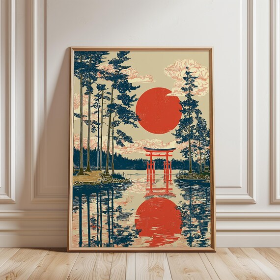 Japanese Torii Gate Poster Lakeside Shrine Wall Art Red Sun Landscape Print Zen Home Decor Minimal Interior Woodblock Style