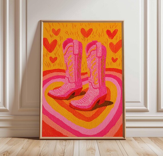 Pink Cowboy Boots Wall Art Print Retro Western Girl Poster Colorful Country Decor 70s Style Cowgirl Artwork Bold Pop Fashion