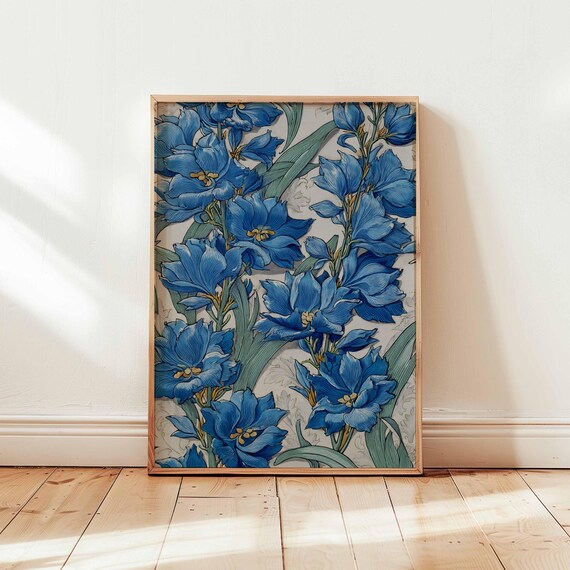 Blue Floral Poster Bold Botanical Wall Art Nouveau Flower Print Iris Decor Modern Vintage Style