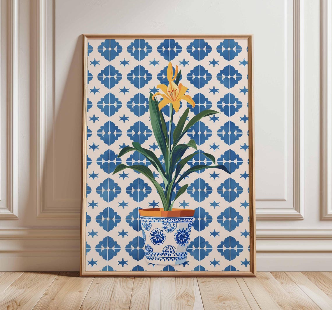 Yellow Lily In Blue White Ceramic Pot Tile Botanical Art Poster