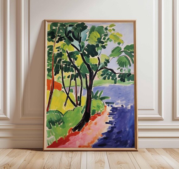Fauvist Landscape Poster Colorful Expressionist Tree And River Wall Art Print Bold Modern Nature Painting Abstract Green Blue Artwork
