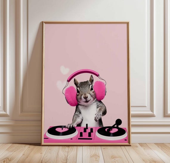 Dj Squirrel Poster Funny Animal Wall Art Pink Turntable Print Cute Decor Quirky Music Room Illustration Pop Design