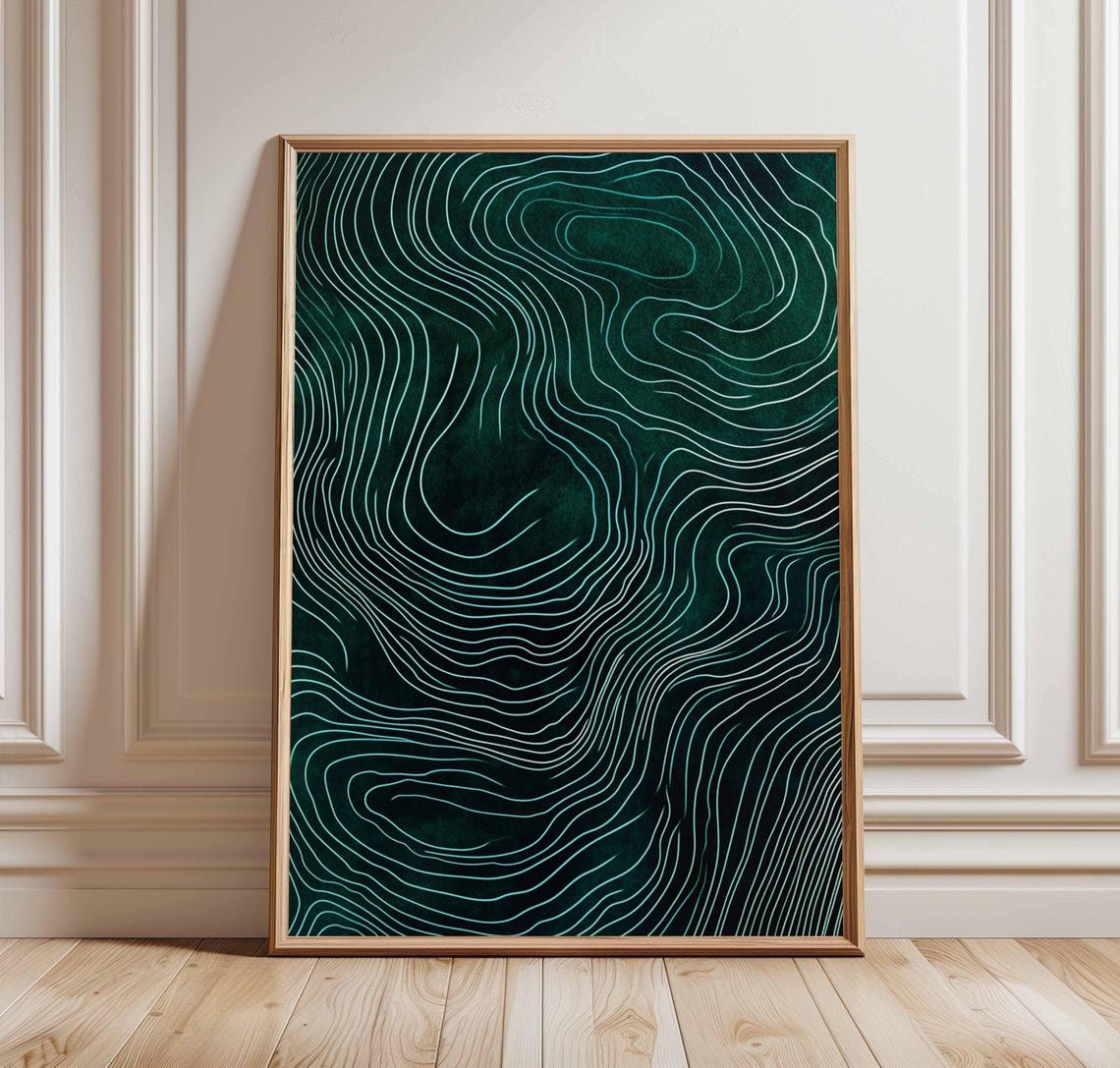 Deep Green Topographic Contour Lines Abstract Modern Art Print