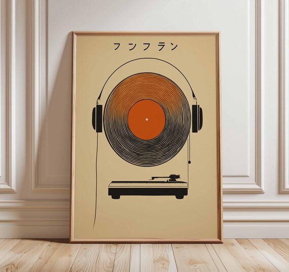Japanese Vinyl Record with Headphones Retro Turntable Music Decor Poster