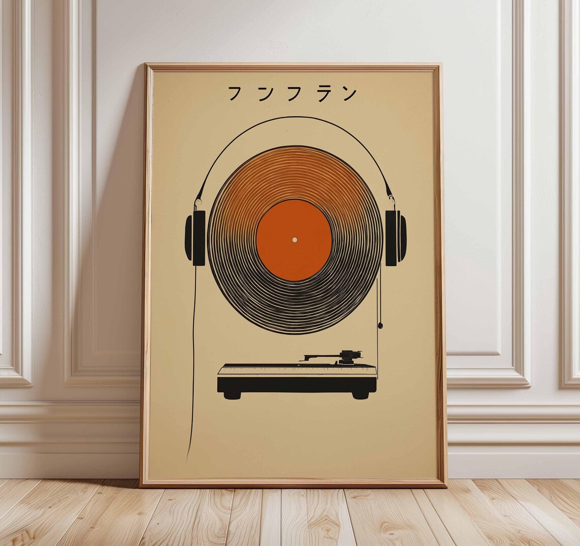 Japanese Vinyl Record with Headphones Retro Turntable Music Decor Poster