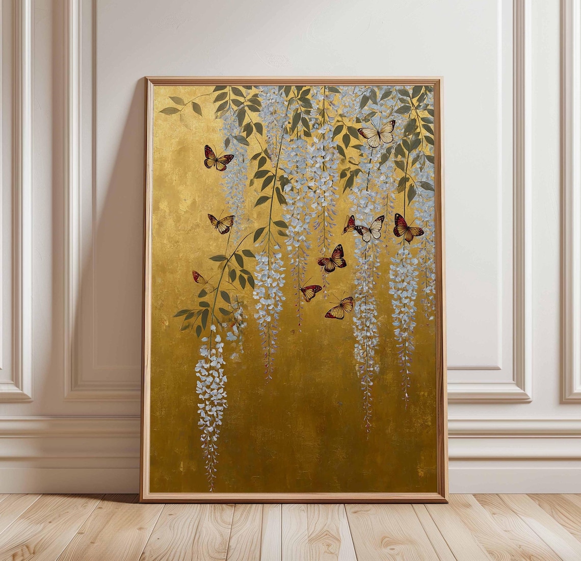 Japanese Floral Gold Wisteria and Butterfly Art Print