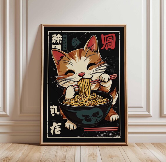 Smiling Orange Tabby Cat Eating Ramen Vintage Dark Japanese Poster