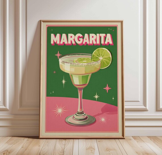 Retro Margarita Cocktail Poster Green Pink Vintage Bar Art Decor