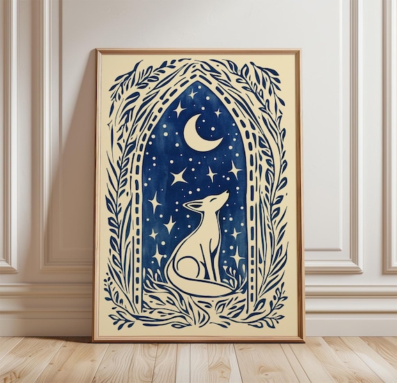 Fox Moon Poster Celestial Animal Wall Art Print Night Sky Illustration Folk Style Woodland Artwork Blue Nature Decor