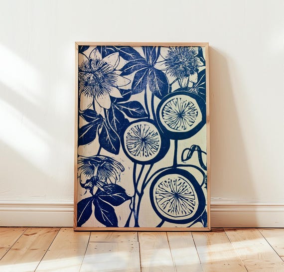 Blue Passionflower Print Cream Botanical Wall Art Batik Poster