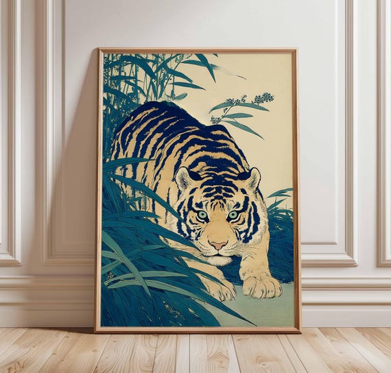Crouching Tiger Poster Japanese Vintage Animal Art Wild Jungle Cat Print Blue Green Grass Wall Decor Intense Illustration
