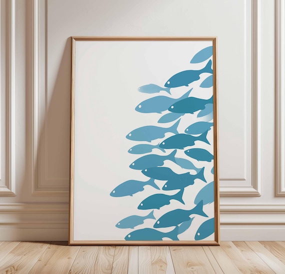 Blue Fish Poster Minimalist Ocean Wall Art Coastal Sea Life Print Modern Beach House Decor Abstract School Of