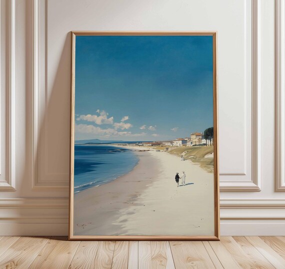 Sunny Coastal Beach Walk Poster With Two Figures By The Shimmering Sea